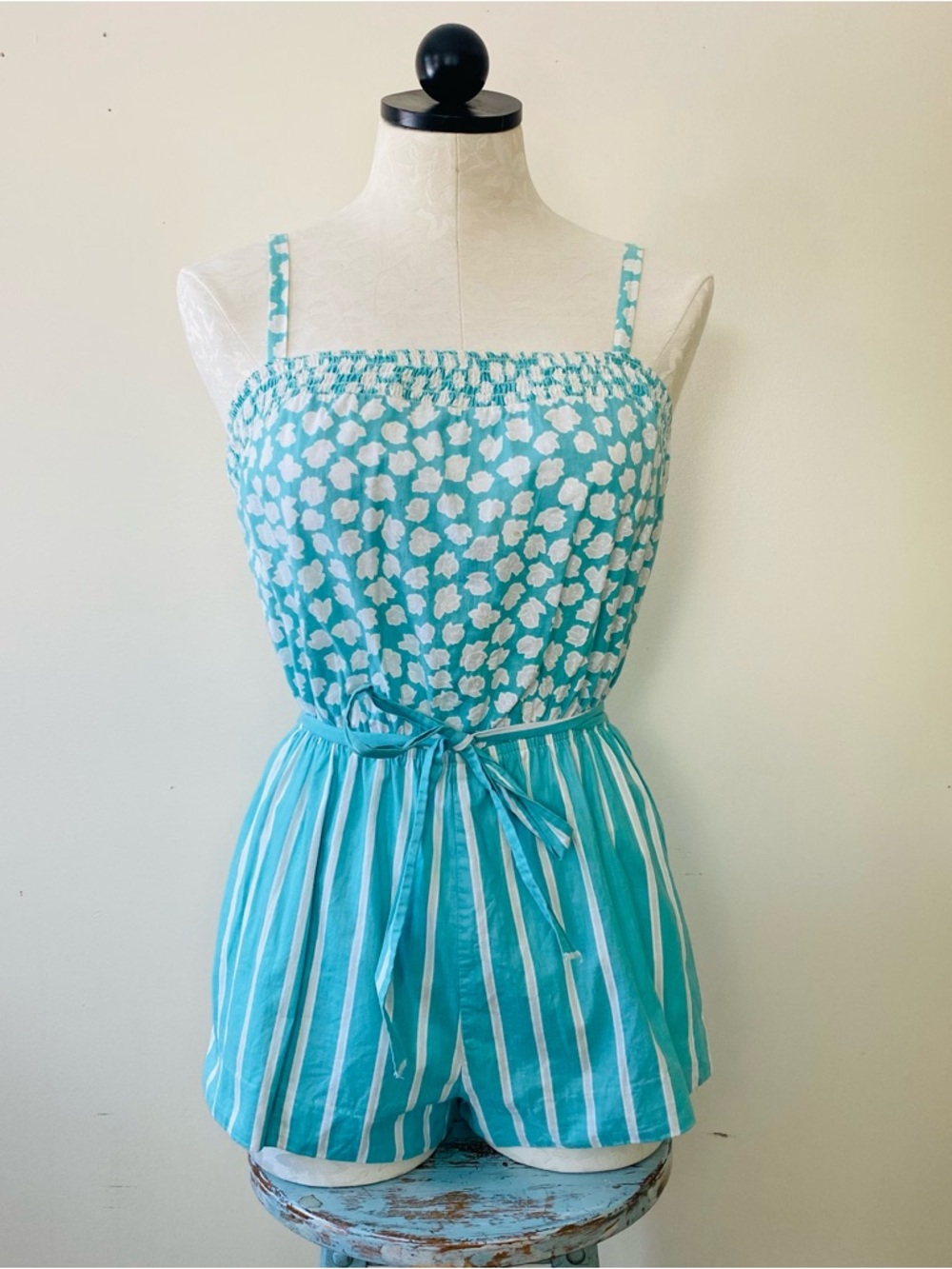 Vintage Roxanne Swimsuit Blue Floral Stripe Cotton Bathing Swim Suit 60s